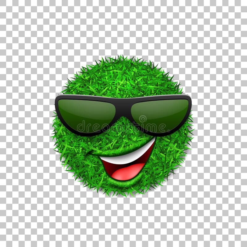Green grass field 3D. Face wink smile with sunglasses. Smiley grassy emoticon icon isolated white transparent background. Happy smiling sign. Symbol ecology stock illustration