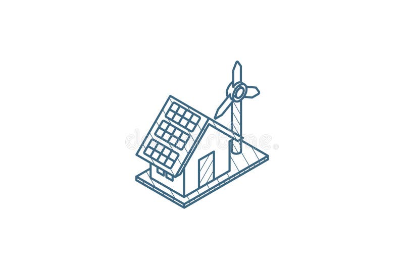 Green House concept ecological equipment - solar cells and wind turbine isometric icon. 3d line art technical drawing. Editable royalty free illustration