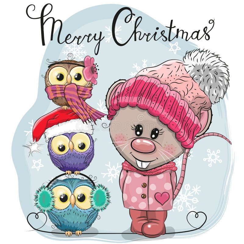 Greeting Christmas card Cute Rat and three Owls. Greeting Christmas card Cute Cartoon Rat and three Owls vector illustration