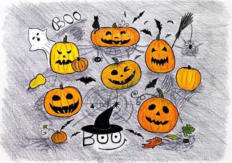 Halloween concept. Hand drawing by coloured pencils and marker. royalty free illustration