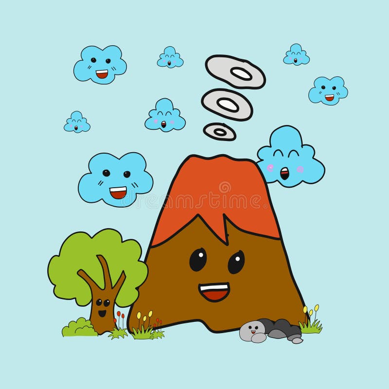 Hand drawing cute volcano mountain blue sky and could and tree. Nature concept stock illustration