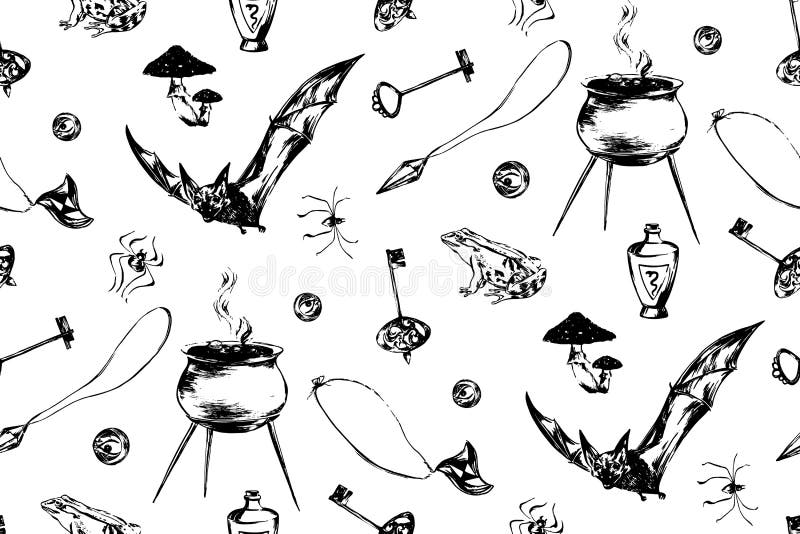 Hand drawn antique magic seamless pattern. Vector sketch endless illustration with poison, pot of potion, spider, bat, mushrooms,. Frog. Halloween party retro stock illustration