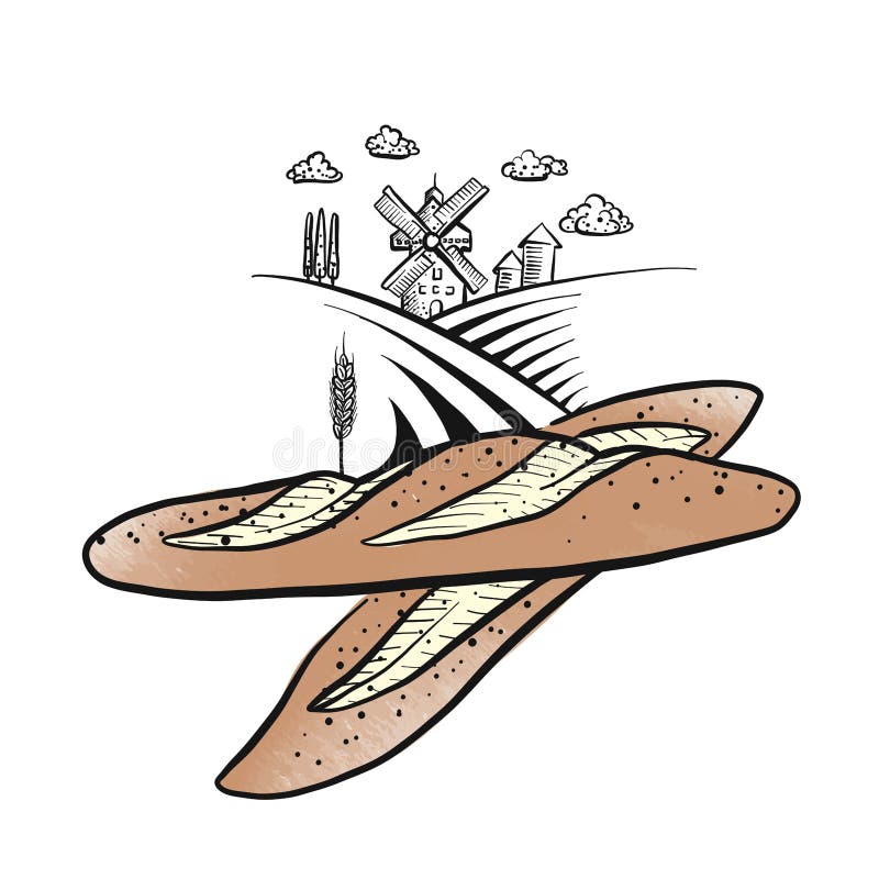 Hand drawn baguette sketch icon with bakery mill vector illustration