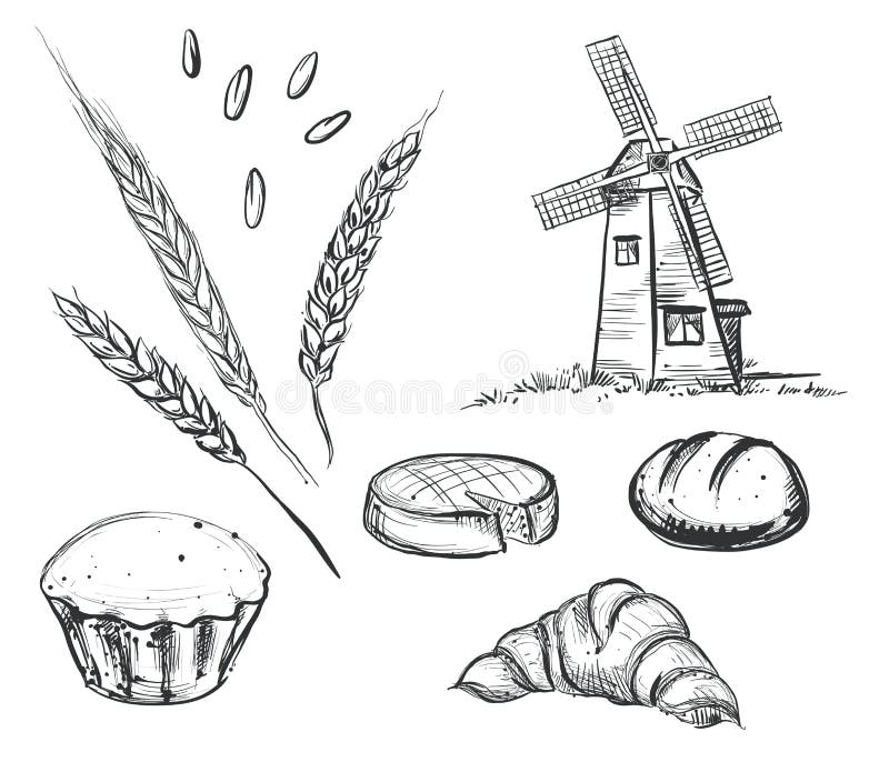 Hand drawn black and white illustration of old mill, bread, wheat ear. sketch. Vector eps 8. royalty free illustration