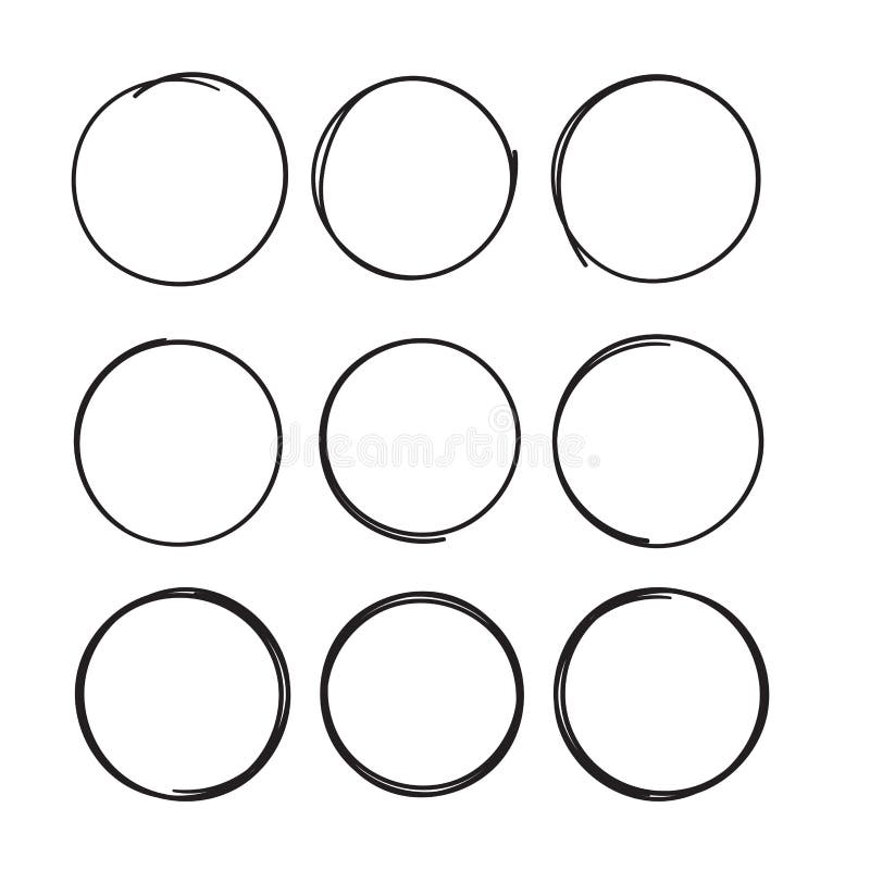 Hand drawn circle line sketch set. Vector circular scribble doodle round circles for message note mark design element. Pencil or royalty free illustration