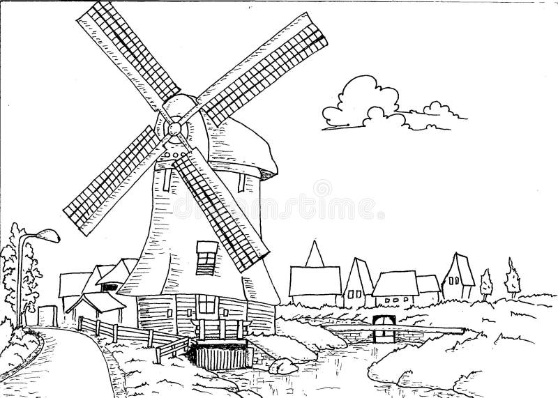 Hand drawn dutch landscape with mill royalty free illustration