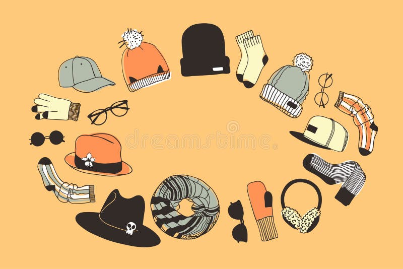 Hand drawn frame with Head wear. Hat Vector background. Actual fashion illustration. Original doodle style drawing. Creative ink vector illustration