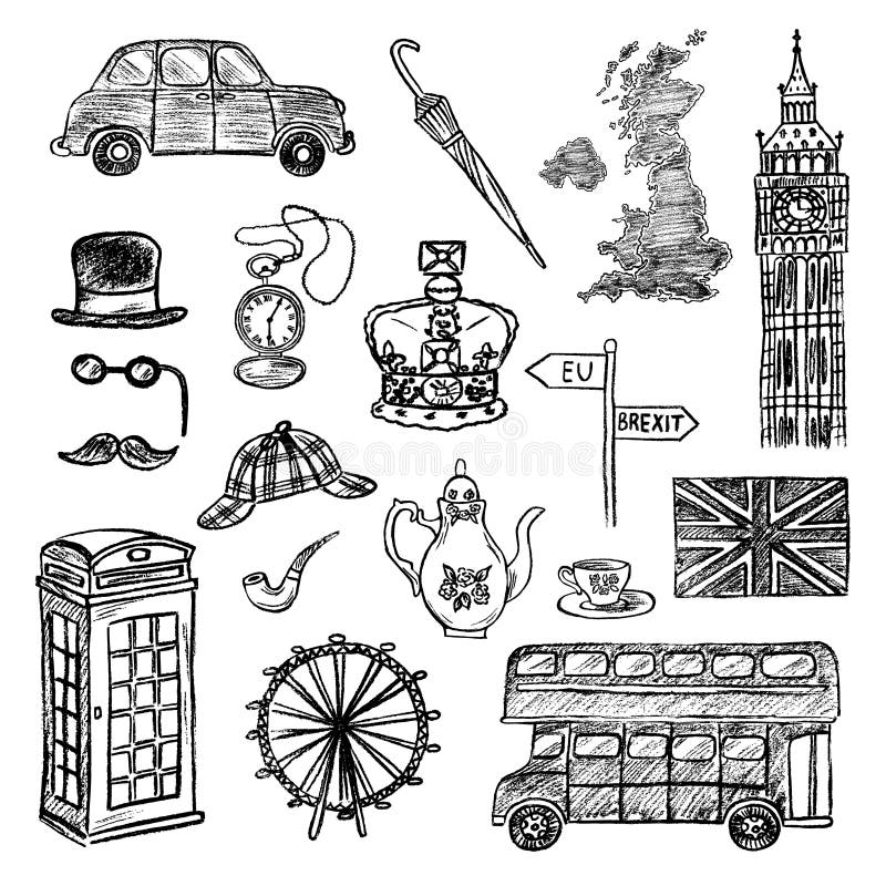 Hand drawn icons of English culture. stock illustration