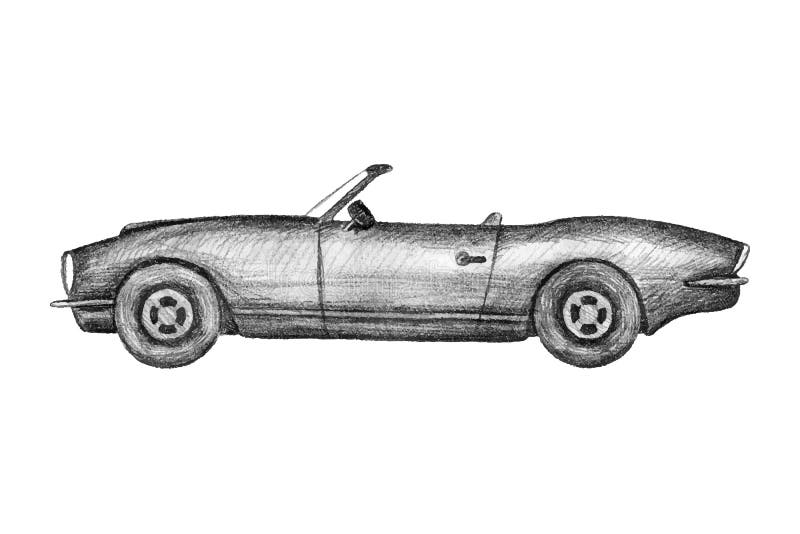 Hand drawn invented retro car. Black pencil drawing on white background. Cabriolet, gig sport car. Hand drawn invented retro car. Black pencil drawing on white vector illustration