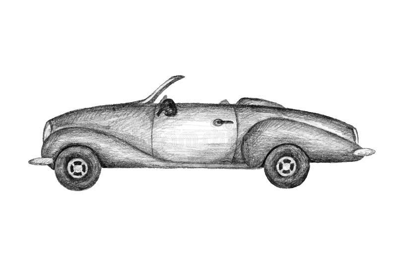 Hand drawn invented retro car. Black pencil drawing on white background. Cabriolet, gig sport car. Hand drawn invented retro car. Black pencil drawing on white vector illustration