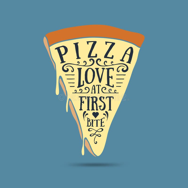 Hand drawn label with textured pizza slice vector illustration. And `Pizza. Love at first bite` lettering royalty free illustration