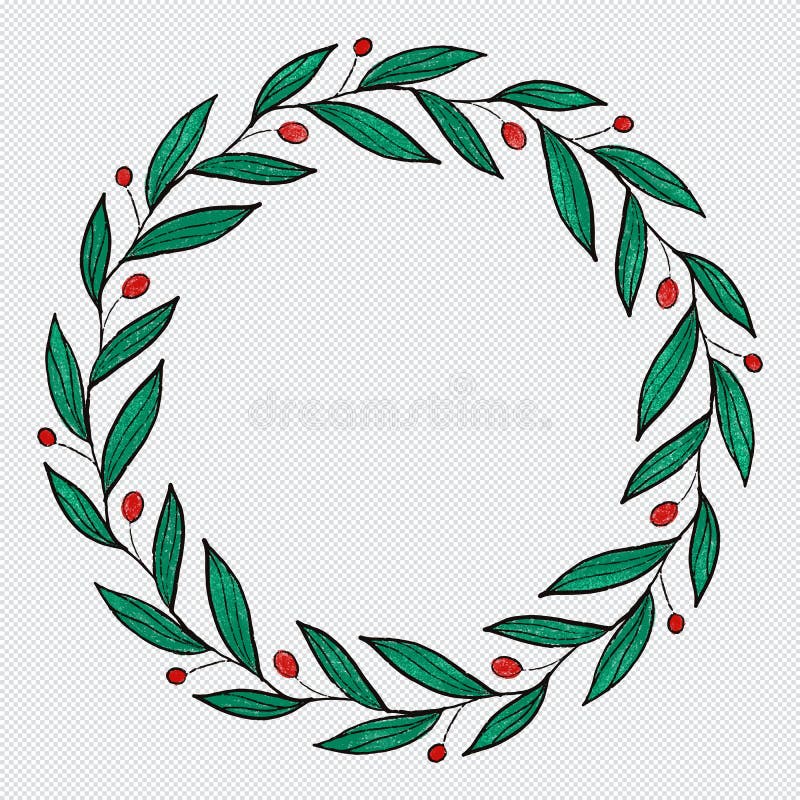 Hand Drawn Pencil coloring green leaf and red flower wreath. Good for christmas decoration, greeting card, clip art of invitation and wedding card design vector illustration