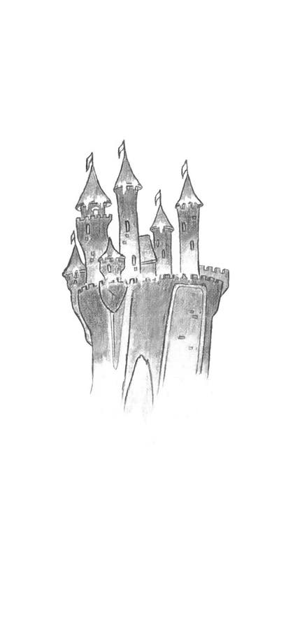Hand drawn pencil sketch of castle with flags. In grayscale colors stock illustration