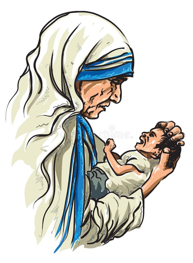 Hand drawn Portrait of Saint Mother Theresa with an orphan child royalty free illustration