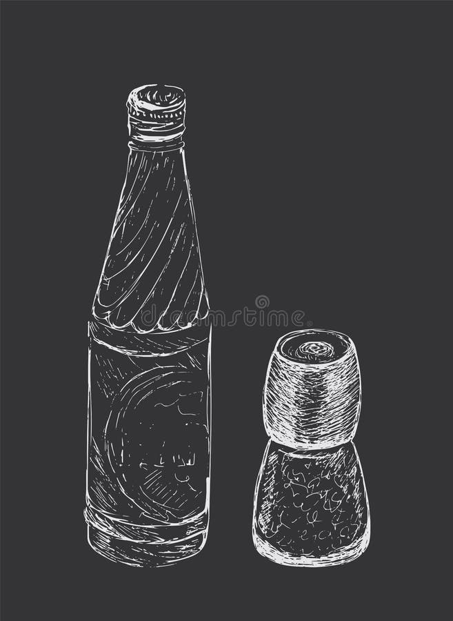 Hand drawn salt and pepper mill, shaker, grinder and bottle royalty free illustration