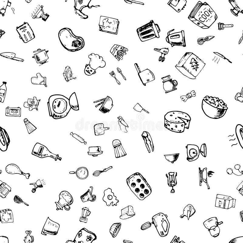 Hand drawn seamless pattern with decorative cooking icons. Vector sketch background with kitchen utensils, vegetables, cooking hob vector illustration