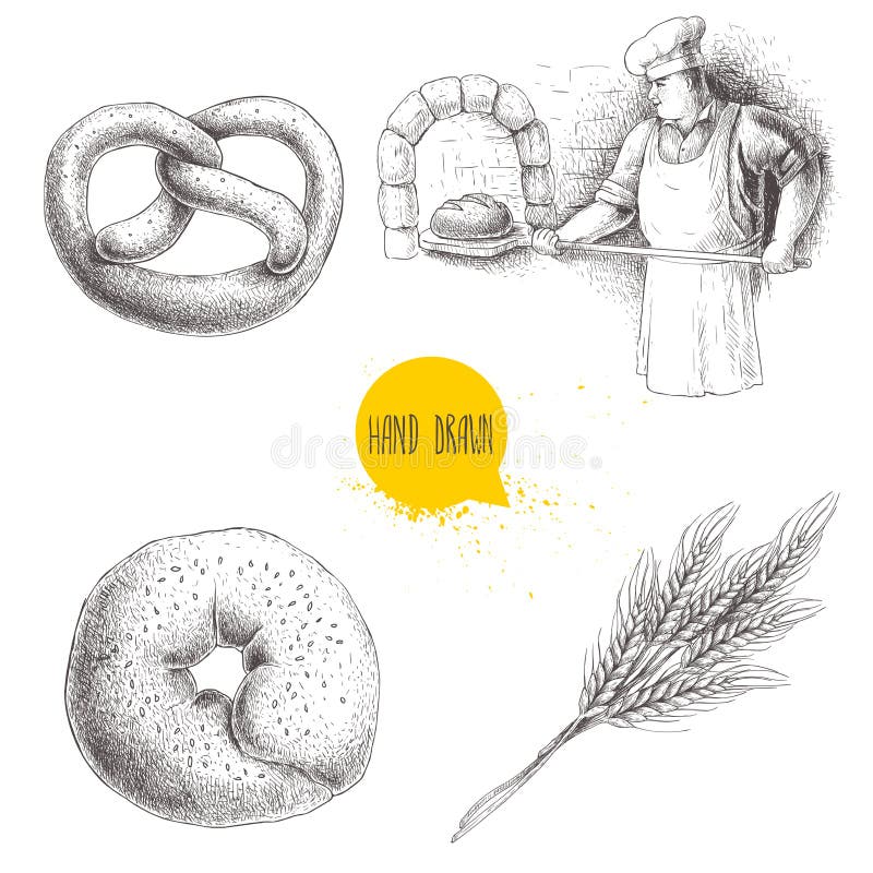 Hand drawn set bakery illustrations. Baker making fresh bread in stone oven, sesame bagel, german pretzel and wheat bunch. stock illustration