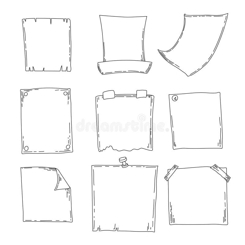 Hand drawn sheets of paper. Cartoon vector square borders. Pencil effect shapes isolated. royalty free illustration