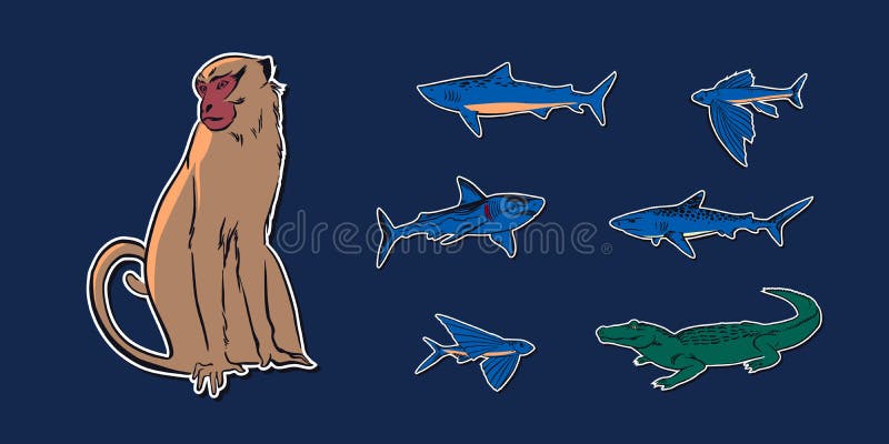 Hand drawn sketch animal set illustration with crocodile, monkey, flying fish and sharks. Vector drawing stickers isolated on navy. Hand drawn sketch animal set vector illustration