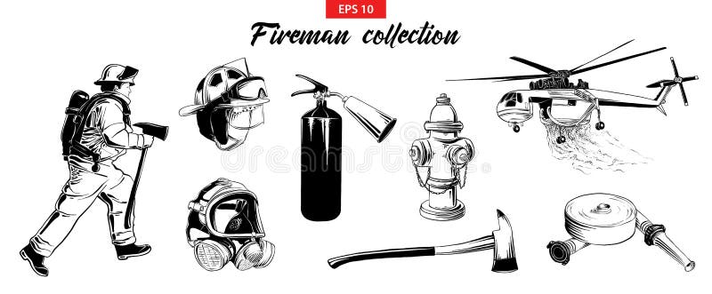 Hand drawn sketch set of firefighter, extinguisher, hydrant, helicopter, gas mask, firehose. stock illustration