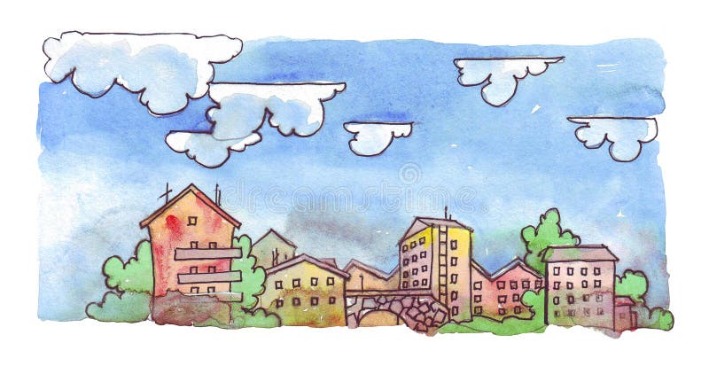 Hand painted city. Watercolor illustration vector illustration Hand painted city. Watercolor illustration vector illustration
