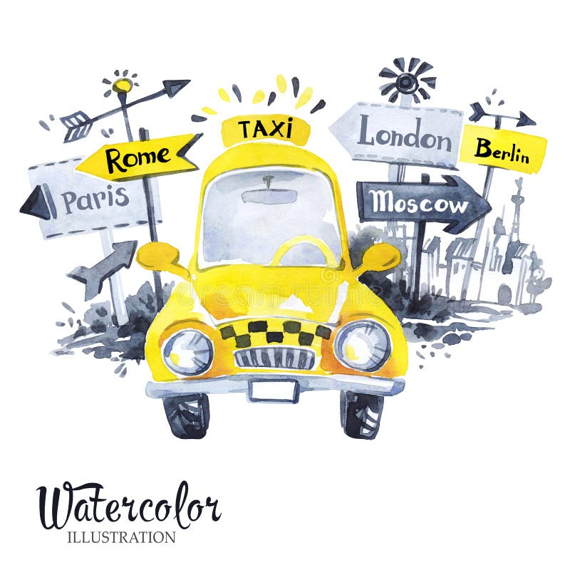 Hand painted mini taxi car with city banners. Retro Yellow Beetle Car. Vacation. Watercolor vintage illustration. Traveling around the world. Transport stock illustration Hand painted mini taxi car with city banners. Retro Yellow Beetle Car. Vacation. Watercolor vintage illustration. Traveling around the world. Transport stock illustration