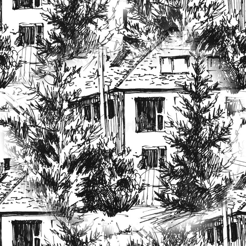 Hand painted seamless pattern. Urban landscapes in hand drawn ink line style. Old city street sketch on white background. Hand painted seamless pattern. Urban royalty free illustration Hand painted seamless pattern. Urban landscapes in hand drawn ink line style. Old city street sketch on white background. Hand painted seamless pattern. Urban royalty free illustration