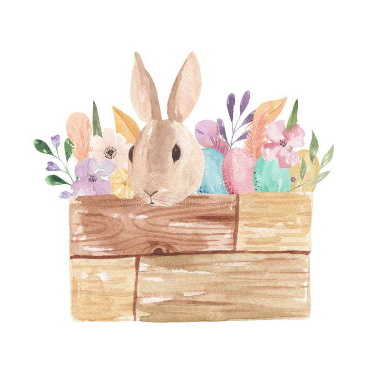 Easter Bunny Watercolor Eggs Pastel Florals Leaves Pink Feathers Floral stock illustration