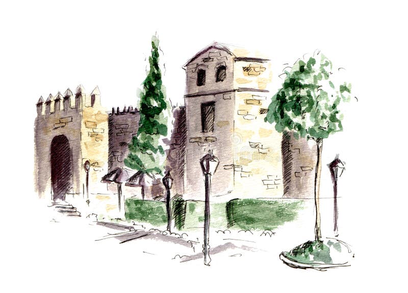 Hand painted watercolor sketch illustration city wall of Cordoba. Spain Puerta del Almodovar royalty free illustration Hand painted watercolor sketch illustration city wall of Cordoba. Spain Puerta del Almodovar royalty free illustration