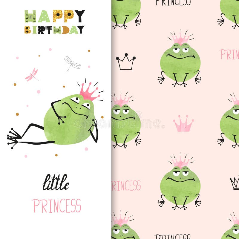 Happy Birthday card design with cute princess frog. royalty free illustration