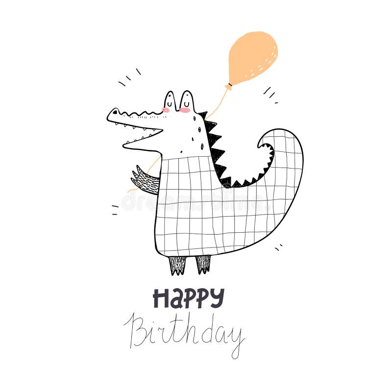Happy birthday to you. cartoon crocodile, hand drawing lettering with decorative elements. Colorful holiday illustration. flat sty. Le, doodle phrase. Design for royalty free illustration