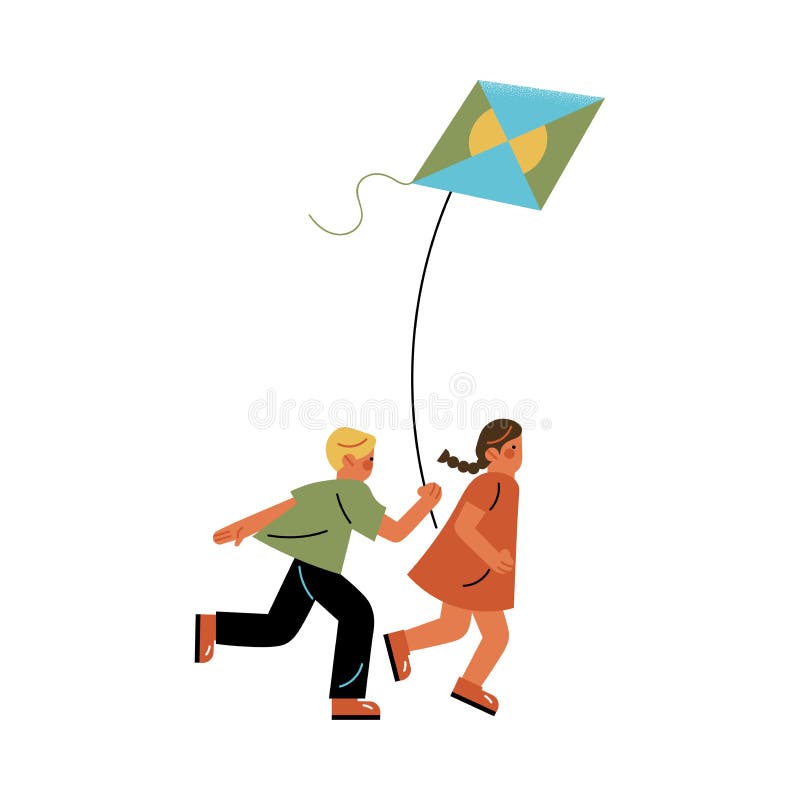 Happy children boy and girl running and flying kite vector illustration vector illustration Happy children boy and girl running and flying kite vector illustration vector illustration