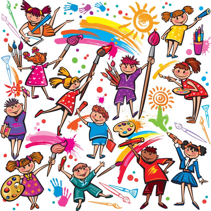 Happy children drawing with brush and crayons vector illustration Happy children drawing with brush and crayons vector illustration