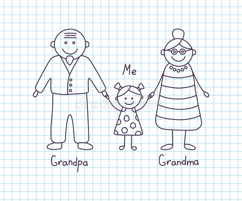 Happy grandparents and granddaughter. Childrens drawing. vector illustration