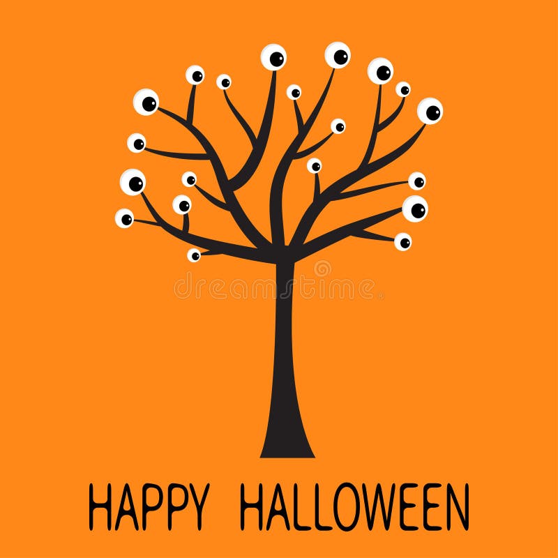 Happy Halloween greeting card. Black tree silhouette with eyes. Plant branch. Cartoon eyeball. Spooky apple of eye set. Baby illus royalty free illustration