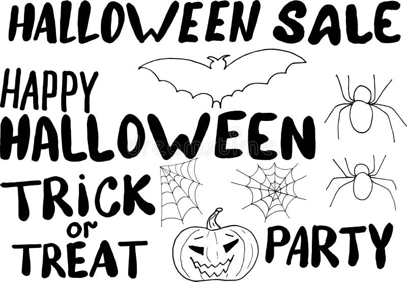 Happy halloween hand drawing message with elements for design - bat, pumpkin, spider and cobweb. vector doodle stock illustration