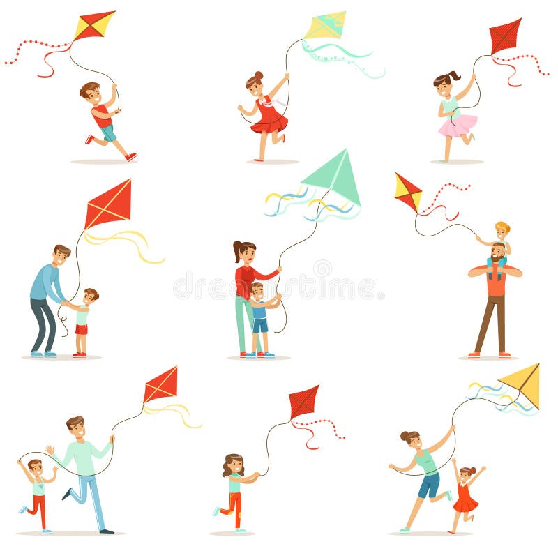 Happy kids running with kite. Parents help children run a kite, a fun family vacation. royalty free illustration Happy kids running with kite. Parents help children run a kite, a fun family vacation. royalty free illustration