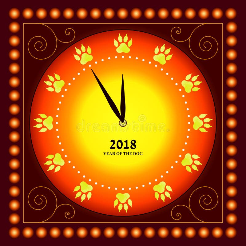 Happy New Year. The dial of the watch with traces of the dog`s paws instead of figures. Card. Happy New Year. The dial of the watch with traces of the dog`s paws stock illustration Happy New Year. The dial of the watch with traces of the dog`s paws instead of figures. Card. Happy New Year. The dial of the watch with traces of the dog`s paws stock illustration
