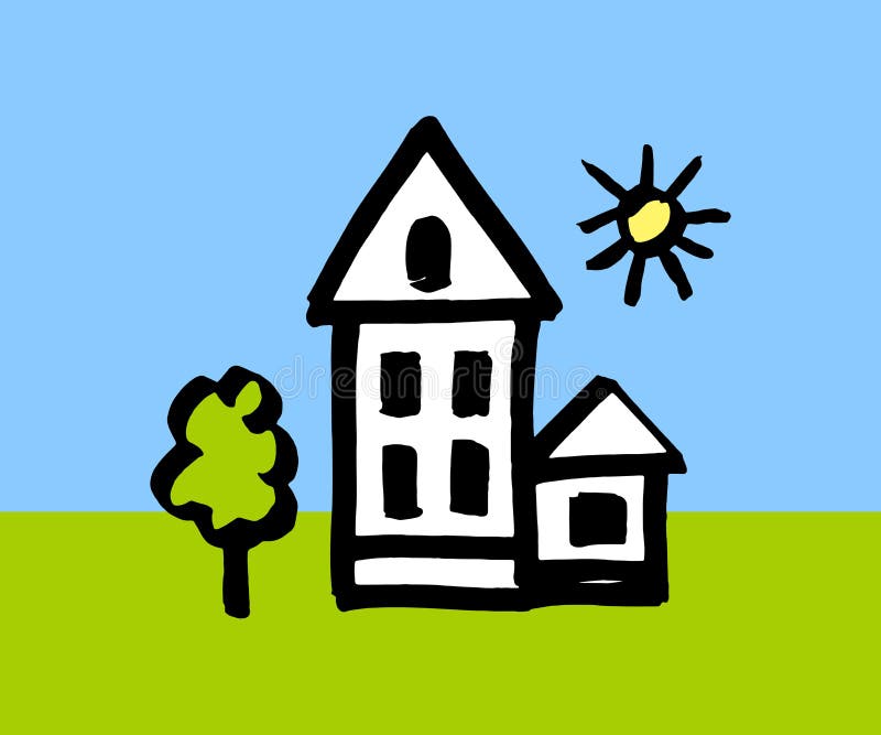 House - color children`s illustration. house - a picture was drawn by a child. house, tree, sun - simple drawing in a flat style vector illustration