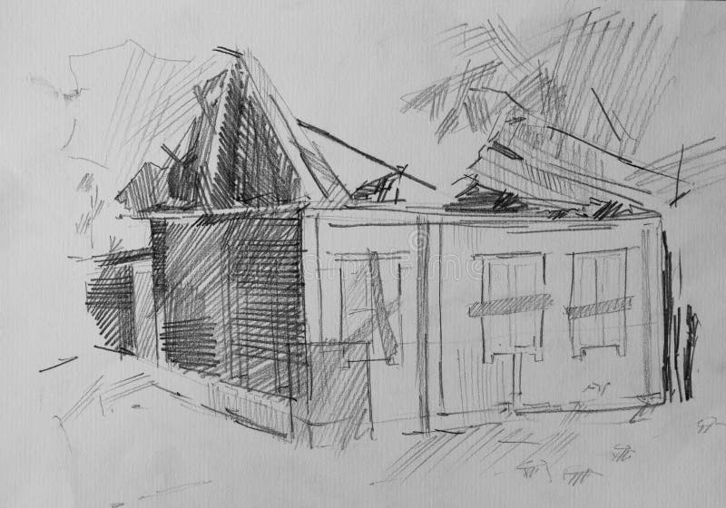 House after the fire, pencil drawing. For your design royalty free stock images
