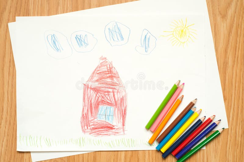 House road and summer landscape, children`s drawing with colored pencils and watercolors. Children`s drawing with colored pencils and watercolors. house road and royalty free stock images House road and summer landscape, children`s drawing with colored pencils and watercolors. Children`s drawing with colored pencils and watercolors. house road and royalty free stock images