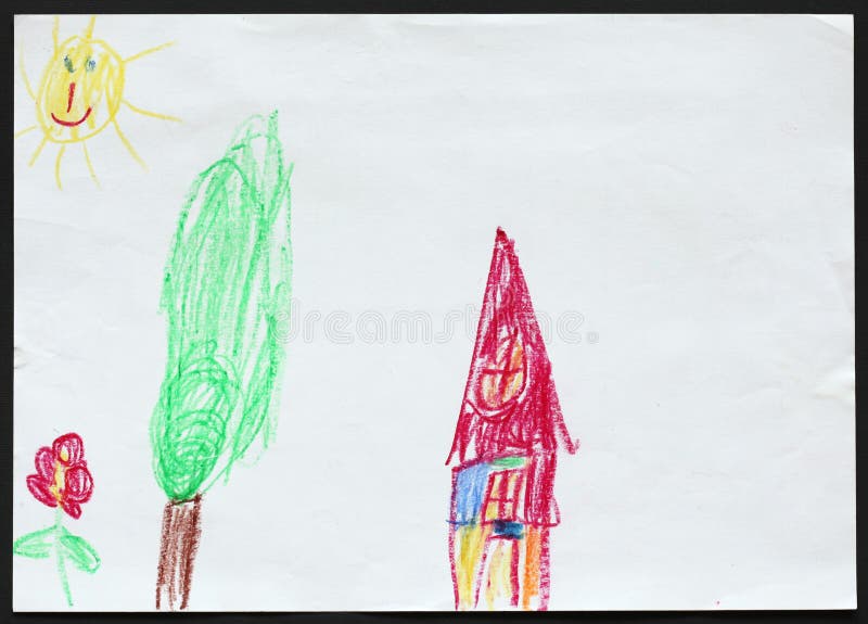 House and Tree and Flower. Child`s Drawing. royalty free illustration