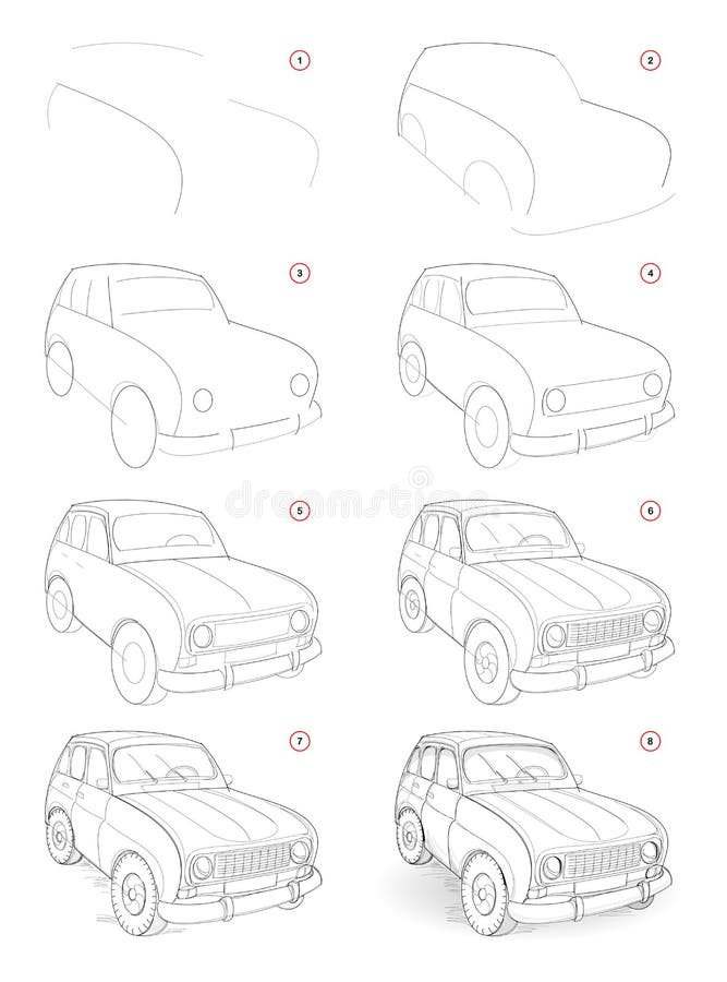 How to draw step by step sketch of imaginary cute little car. Creation pencil drawing. Educational page for artists. Textbook for artistic skills. Hand-drawn royalty free illustration