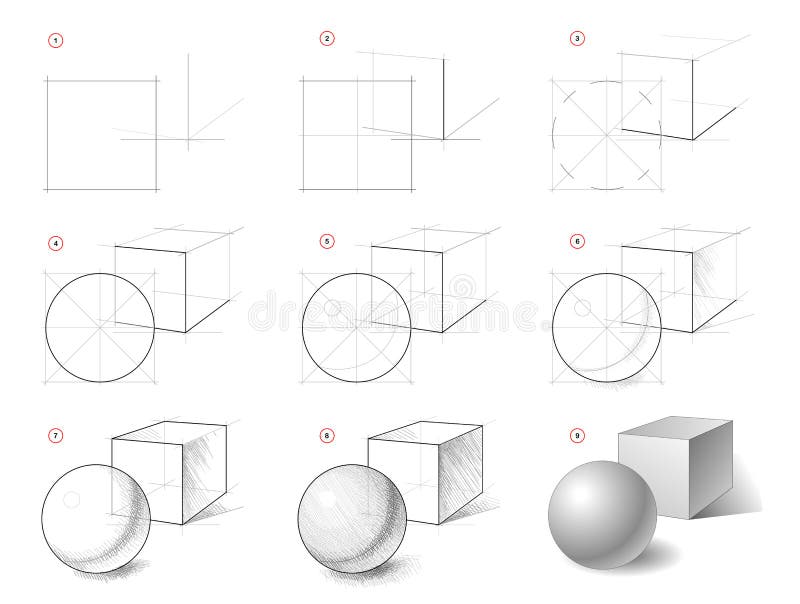 How to draw step-wise still life sketch of geometric shapes, cube, ball. Creation step by step pencil drawing. royalty free illustration