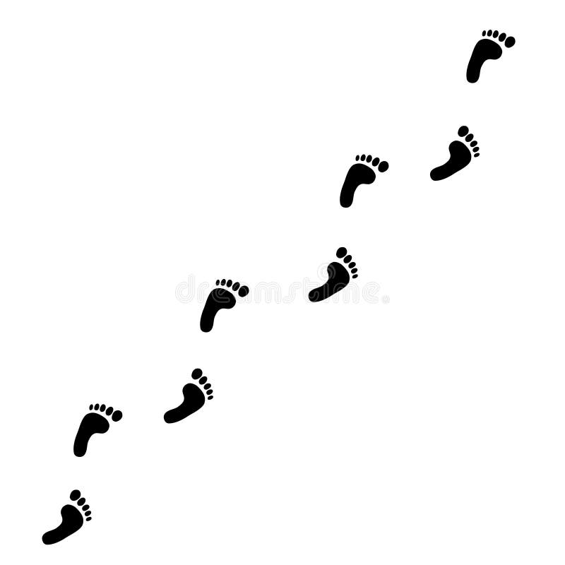 Human foot prints diagonal trail. Vector illustration, clip art. Black silhouette of human footprint path isolated on white background. Foot prints diagonal stock illustration