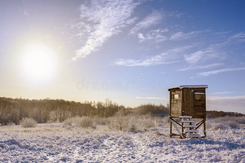 Hunter high seat in a snow covered winter landscape against a blue sky with a warm sun, copy space. Hunter high seat in a snow covered winter landscape, view royalty free stock photography