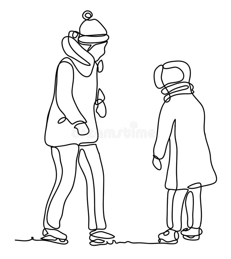 Ice skating girl with her mother. Mother carying about her child on ice. Vector Illustration. Continuous line drawing. stock illustration