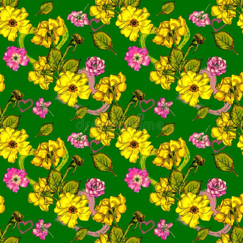 Illustration with the image of garden roses and hearts. Spring-summer theme. Seamless pattern. Creative composition with the image of garden flowers. Theme of stock illustration