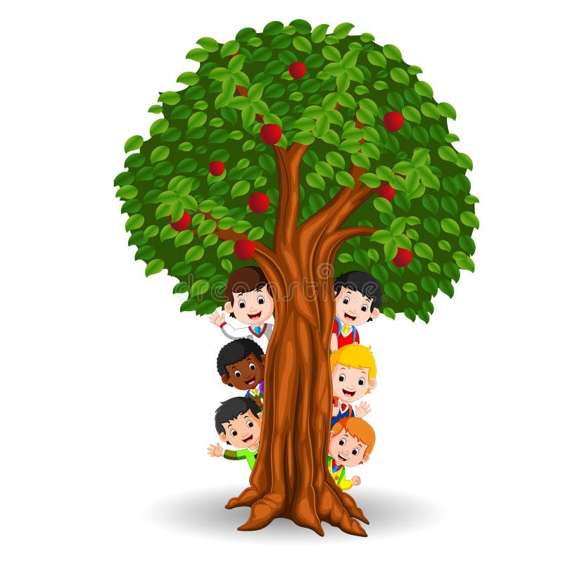 Kids playing in an apple tree stock illustration