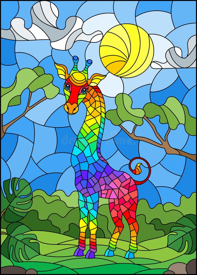 Stained glass illustration with cute rainbow giraffe on the background of green trees of cloudy sky and sun stock illustration